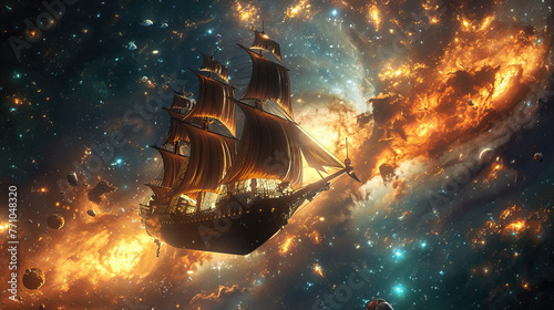 An ancient sailing ship glides through a cosmic sea, navigating through stars and nebulae on a surreal interstellar voyage.