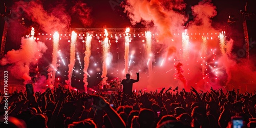 Rapper performing on stage at a summer hip-hop festival. Smoke and colorful lights as the emcee spits on the mic