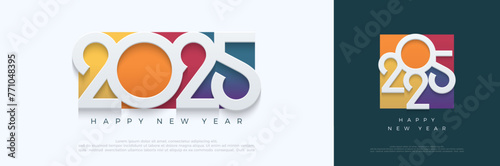 Happy new year 2025 design. With colorful truncated number illustrations. Premium vector design for poster, banner, greeting and new year 2025 celebration.