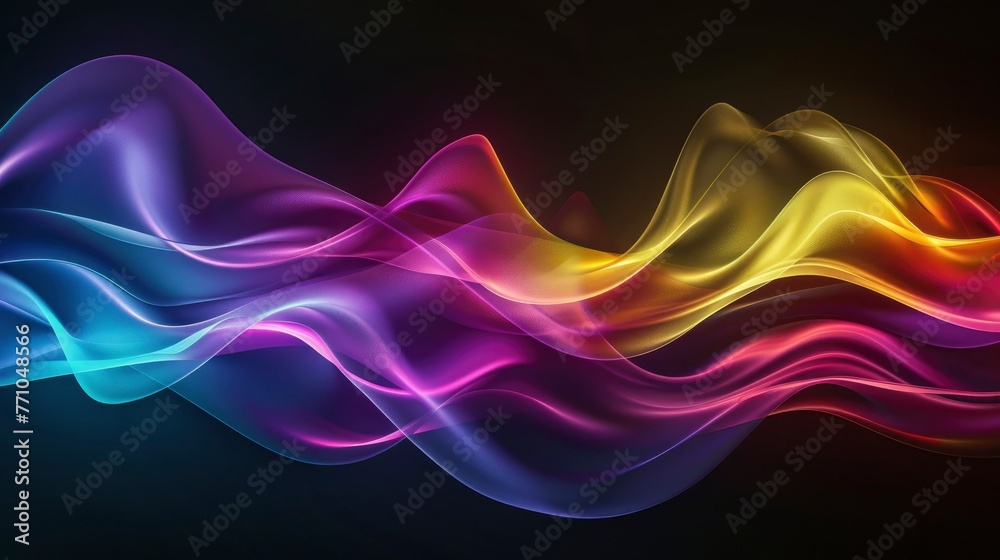 Dark grainy color gradient wave background, purple red yellow blue green colors banner poster cover abstract design, black copy space - generative ai Dark grainy color gradient wave background, purple red yellow blue green colors banner poster cover abstract design, black copy space - generative ai