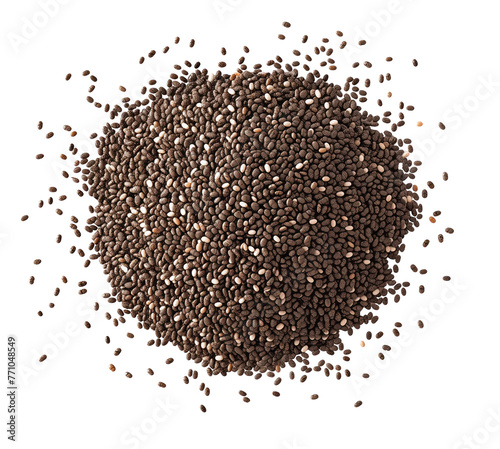 Close-up view of organic chia seeds scattered on a white background, showcasing their natural texture and color.