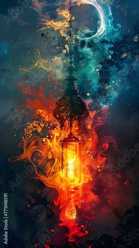 An artistic representation that captures a traditional lantern fiercely ablaze, symbolizing hope against darkness in a swirl of vibrant colors