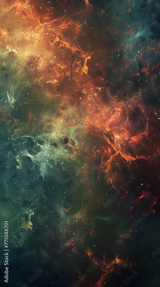 This stunning image depicts an abstract interpretation of a fiery nebula exploding in a turbulent deep space scene