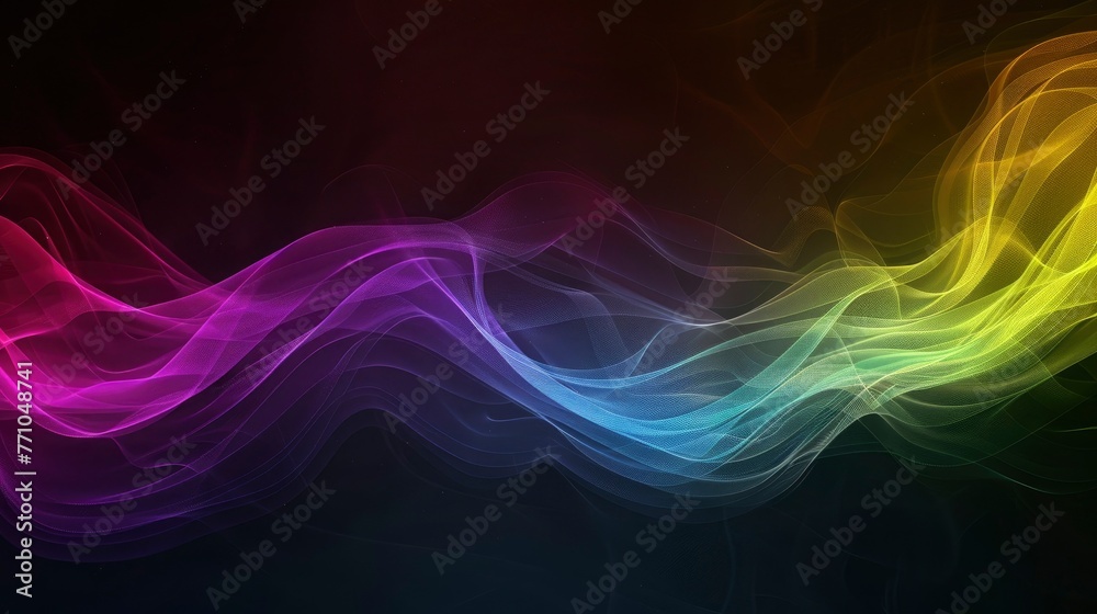 Dark grainy color gradient wave background, purple red yellow blue green colors banner poster cover abstract design, black copy space - generative ai