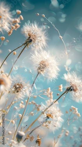 This playful image captures the whimsy of dandelions against a dreamy blue sky with bokeh light scatterings