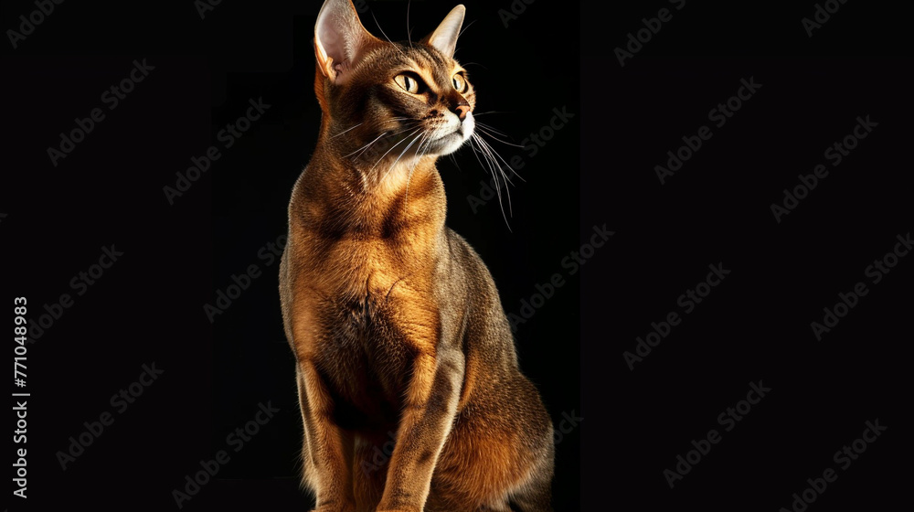 A poised Abyssinian cat sitting upright with an alert and inquisitive gaze.