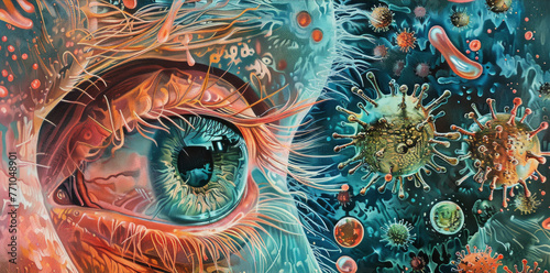Human eye looks at viruses and bacteria in air, surreal illustration of infection. Concept of science, medicineflu, vision, influenza, disease, health,