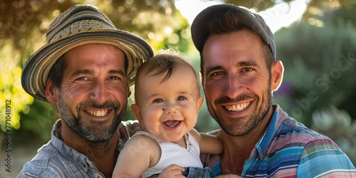 Two Men and a Baby - gay fatherhood with two homosexual men holding their baby outdoors - smiling family photo 