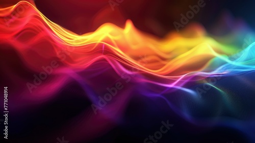 Dark grainy color gradient wave background, purple red yellow blue green colors banner poster cover abstract design, black copy space - generative ai