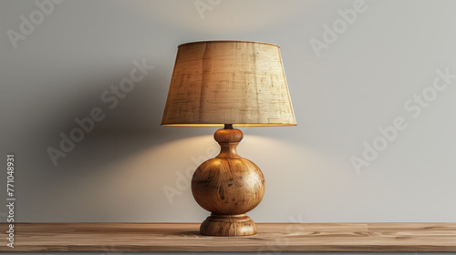 Floor lamp with fabric lampshade and bronze base, standing on a wooden pedestal against a gray wall photo