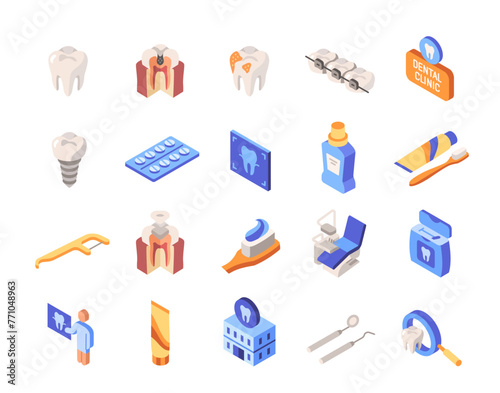 Set of colorful dentistry icons. Bright signs with teeth, toothpaste, dental chair, caries, implant and medicines. Website design. Cartoon isometric vector collection isolated on white background