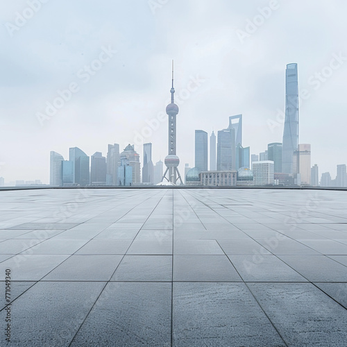 Empty square floor and city skyline with modern buildings. Generative AI photo