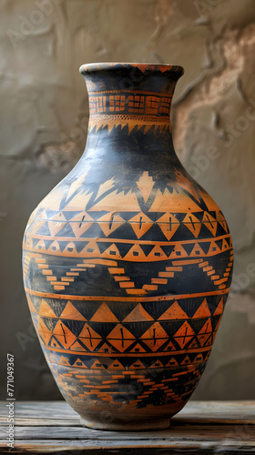 An ancient Southwestern-style pottery vase displays intricate patterns, resting on a rustic wooden table