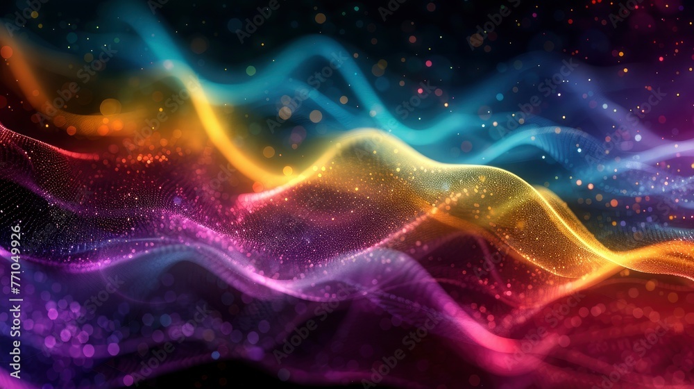 Dark grainy color gradient wave background, purple red yellow blue green colors banner poster cover abstract design, black copy space - generative ai Dark grainy color gradient wave background, purple red yellow blue green colors banner poster cover abstract design, black copy space - generative ai