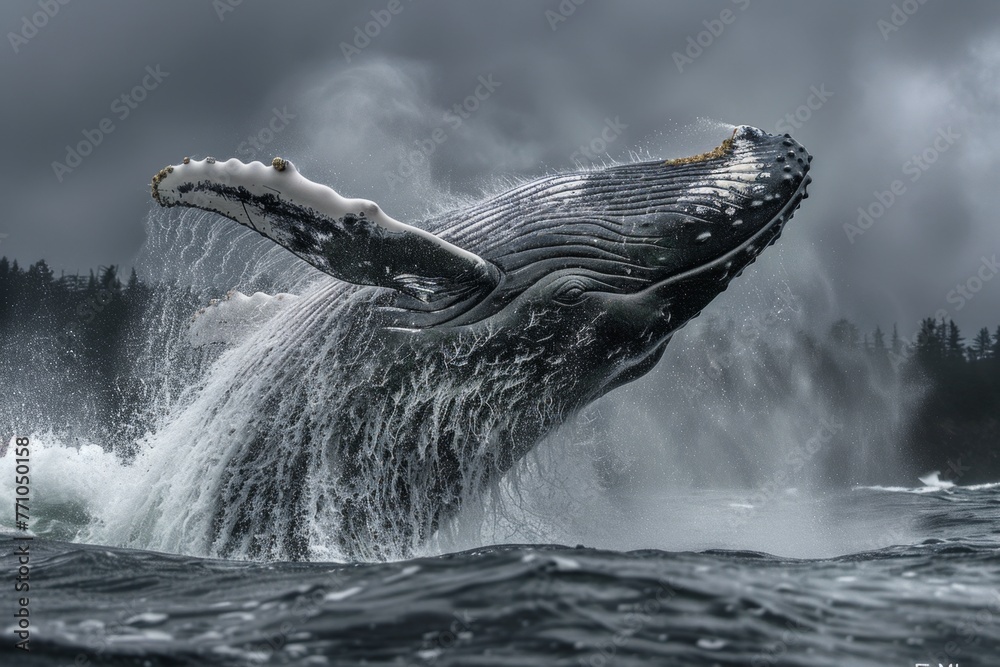 Fototapeta premium Majestic Whale Leap in Ocean Waters