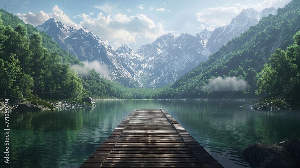 A beautiful landscape of Serene lake view with wooden dock and mountain background.