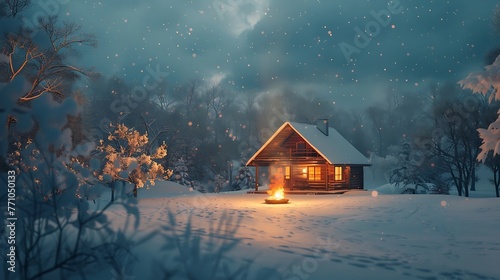 AI to generate a captivating visual representation of a remote cabin surrounded by snow, featuring a stylized fire pit emitting a comforting glow