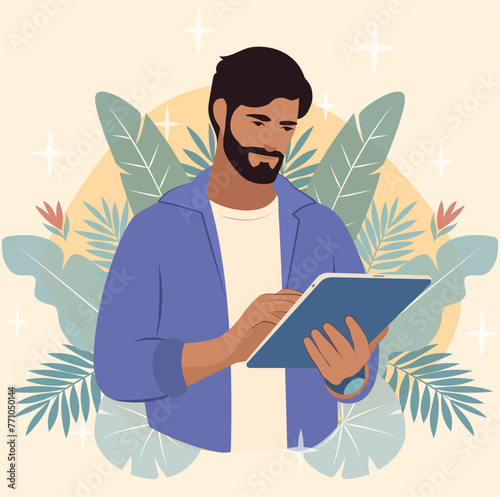 vector hombre joven sujetando tableta digital