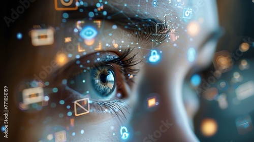 A closeup of an eye with digital icons floating around it, representing the use and capture of data being analyzed in real time