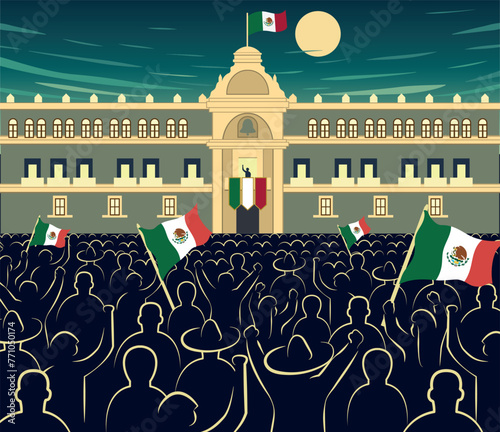 Celebración Grito de independencia de México. Zócalo de la ciudad de México con siluetas de gente celebrando con banderas del país.