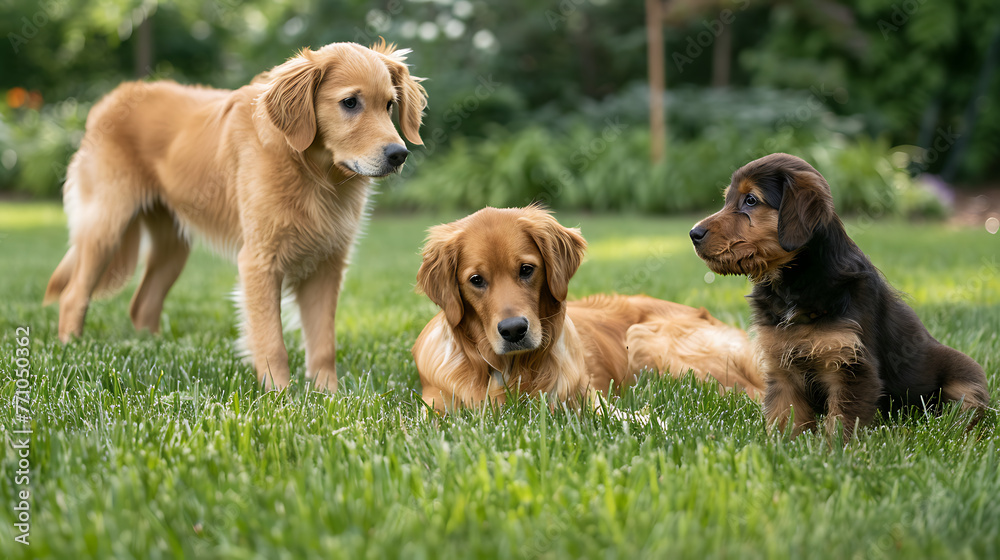 three dogs in a grassy field. One dog, possibly a Golden Retriever, is lying down, while a lighter-colored puppy stands over it, looking directly at the camera.
three dogs in a grassy field. One dog, possibly a Golden Retriever, is lying down, while a lighter-colored puppy stands over it, looking directly at the camera.