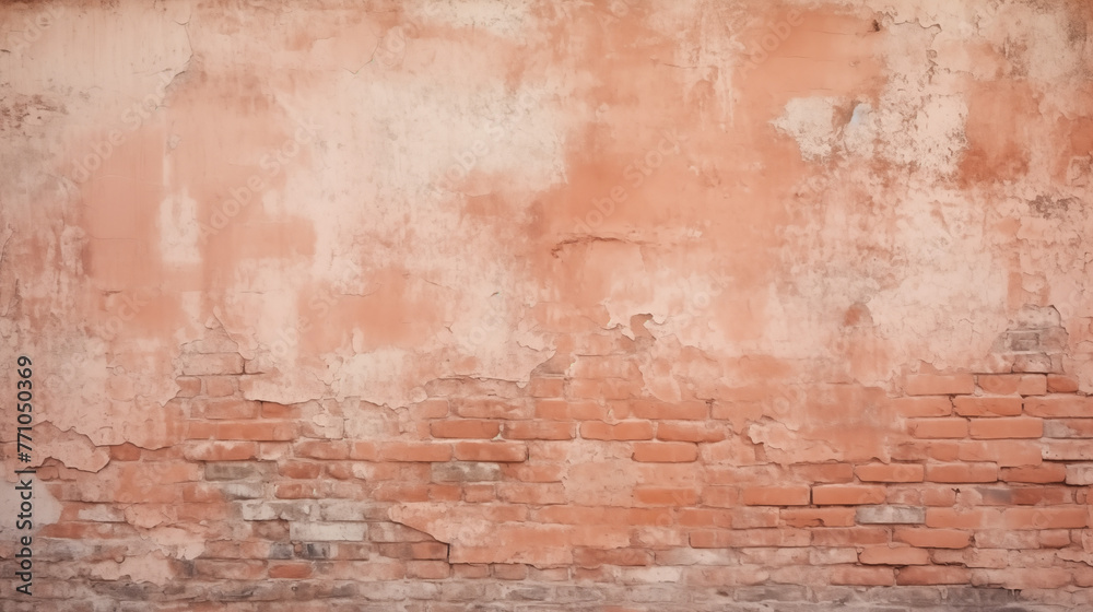 Weathered Red Brick Wall with Crumbling Plaster Layers
