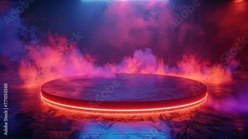 A circular neon-lit stage enveloped in mist, under an immersive play of vibrant red and blue lights, suggesting a setting for a high-energy performance. © Furyfazia