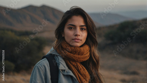 Portrait of a beautiful young brunette chilean latina model woman adventurer hiking andes mountains 