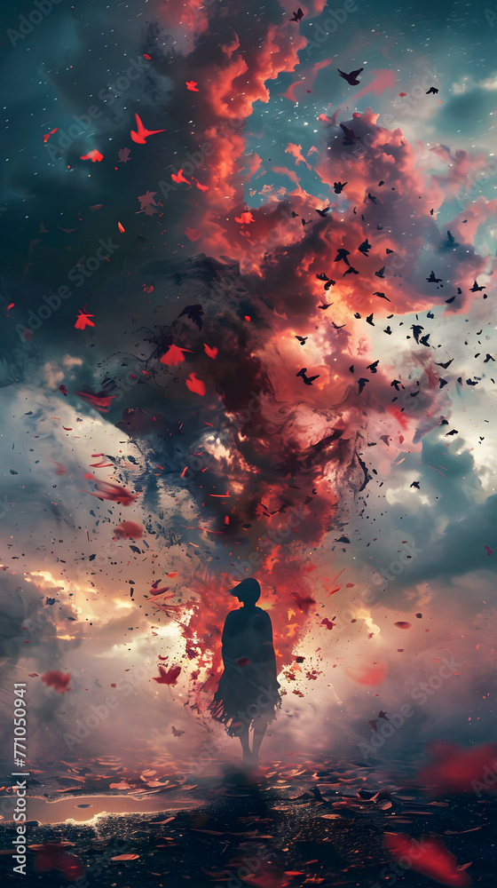 An enigmatic figure is surrounded by a storm of red butterflies, signifying a chaotic transformation or rebirth
