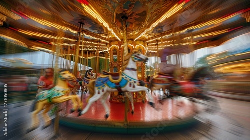 Carousel Joy Detailed photographs of carousels in motion using intentional blur to capture the whimsy and nostalgia of these classic amusement park  AI generated illustration