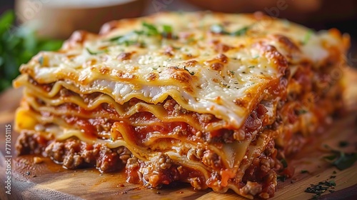 Close up on lasagnas , yummy food photography, generated with AI photo