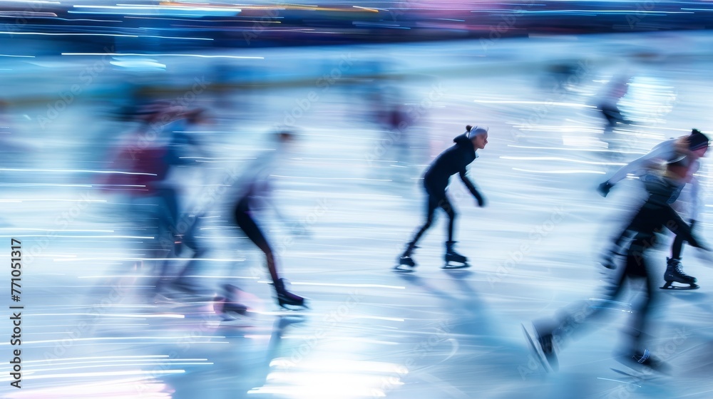 Dynamic Ice Skating Detailed photographs of ice skaters gliding across ice rinks with blurred motion conveying the elegance and fluidity of their mo  AI generated illustration