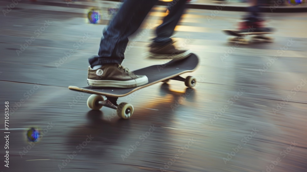 Dynamic Skateboarding Cinematic shots of skateboarders in action with blurred motion highlighting their tricks and maneuvers  AI generated illustration