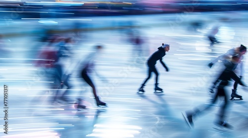 Dynamic Ice Skating Detailed photographs of ice skaters gliding across ice rinks with blurred motion conveying the elegance and fluidity of their mo AI generated illustration