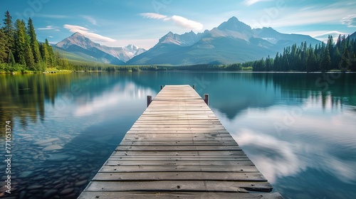 A serene lake with mountains in the background, featuring an empty wooden dock extending into the water.