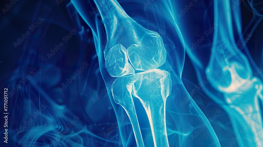 Human knee joint and leg in x-ray on blue background
