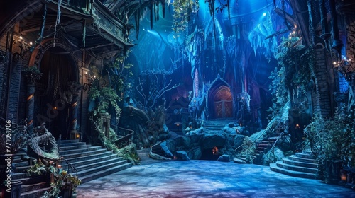 Immersive Set Design Detailed photographs of elaborate set designs and stage backdrops transporting the audience to fantastical worlds and immersive  AI generated illustration photo