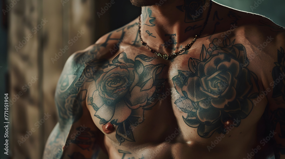 An artistic image showcasing a male's chest and arms fully covered in elaborate black and blue flower tattoos, showcasing a modern tattoo style - obrazy, fototapety, plakaty 