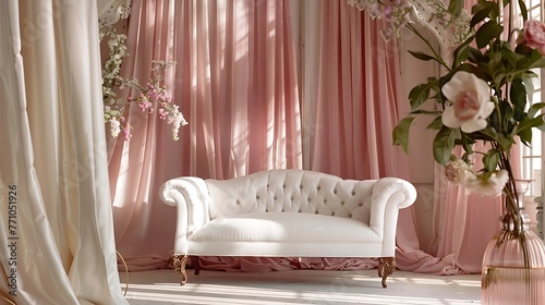 AI's visual poetry unfolds a?" Picture a pristine white sofa and regal pink curtains, dancing together to create an ambiance of sheer luxury and grace