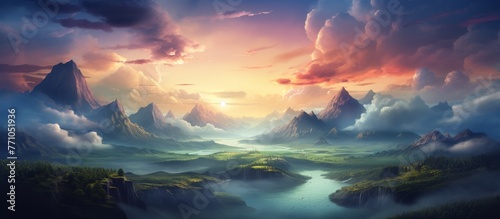An art piece depicting a natural landscape with mountains, a river, and a colorful sunset sky filled with cumulus clouds and a warm afterglow