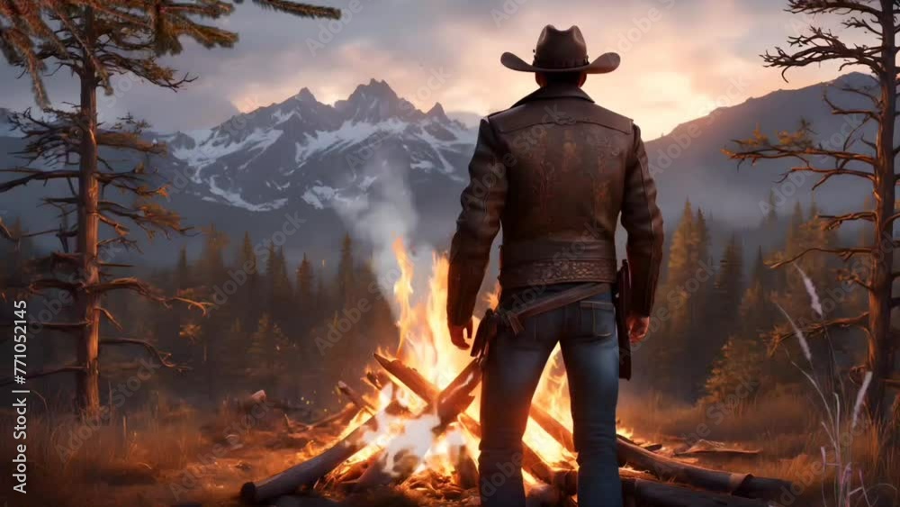 Cowboy with campfire in the forest. Seamless looping time-lapse 4k video animation background