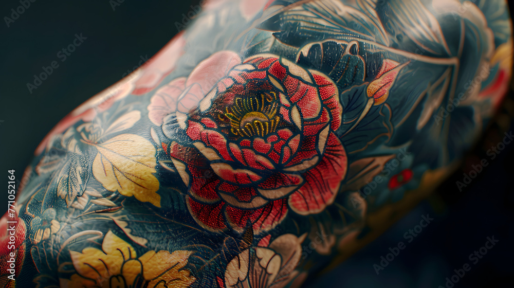 Showcasing an arm completely covered in detailed tattoos featuring flowers and insects, blending natural themes with personal artistry