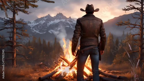 Cowboy with campfire in the forest. Seamless looping time-lapse 4k video animation background