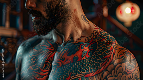 A partial view of a man's upper body focusing on the bold red and blue dragon tattoo, representing strength and mythology