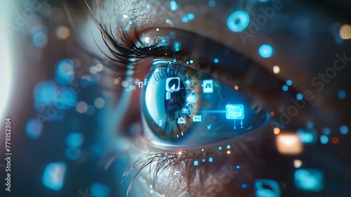 A closeup of an eye with digital icons floating around it, representing the use and capture of data being analyzed in real time #771052304