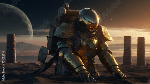 In the golden hour light, a shimmering figure emerges from the shadows of the moon, clad in iridescent armor that reflects the surrounding darkness like a kaleidoscope. This captivating image is a dig