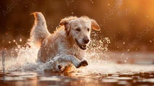 A golden retriever running in the water,generated with ai