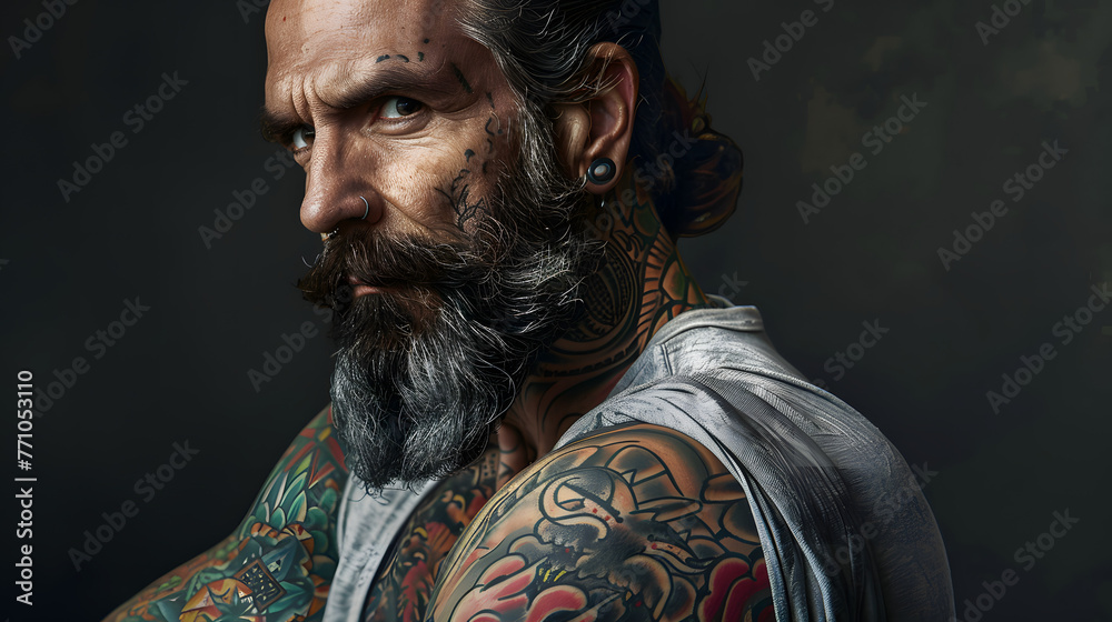A tattooed man with a full beard and extensive body ink stares seriously at the camera on a dark background - obrazy, fototapety, plakaty 