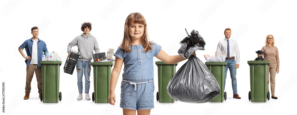 Little girl with a waste bag and people standing next to trash cans behind - obrazy, fototapety, plakaty 