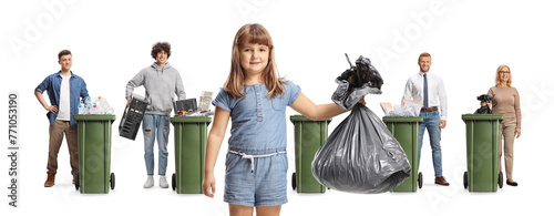 Little girl with a waste bag and people standing next to trash cans behind